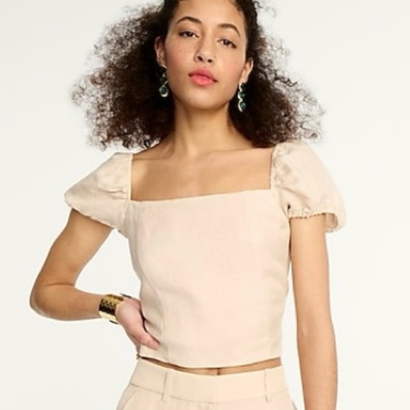 NWT J.Crew Squareneck Linen-cupro Blend Top XXL Beige Puff Sleeve Smocked Flaw - Picture 1 of 15